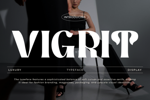 Vigri luxury typeface specimen with woman in black sleeveless dress on dark background