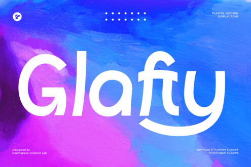 Glarty display font in white on blue-to-purple gradient textured background
