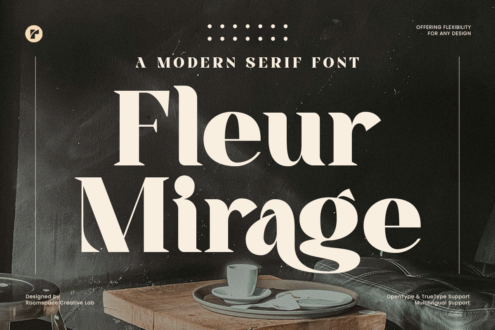 Dark moody scene showing Fleur Mirage serif font in cream letters with coffee cup, plates, minimal styling