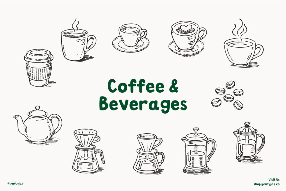 Hand-drawn coffee cups, teapots, beans in sketch style with green text overlay