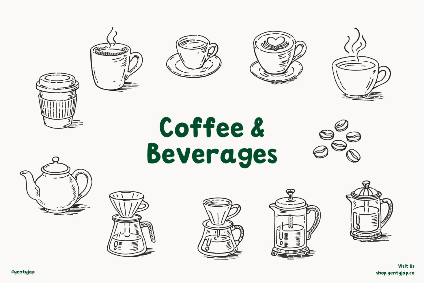 Line art coffee cups, mugs, teapot, brewing equipment with coffee beans