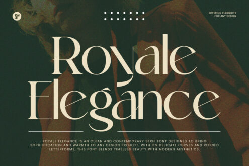 Royale Elegance serif font in cream on dark green background with abstract foliage