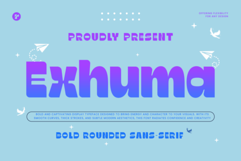 Ekhuma font display in bold purple to blue gradient with paper planes