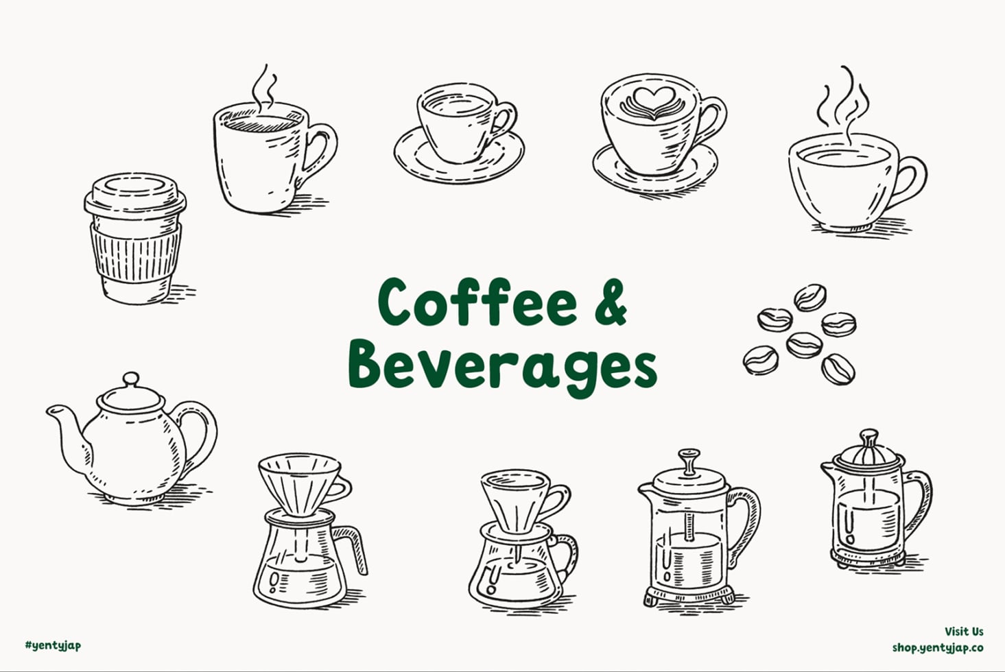Hand-drawn coffee cups, teapots, beans in sketch style with green text overlay