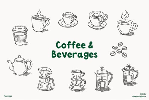 Hand-drawn coffee cups, teapots, beans in sketch style with green text overlay