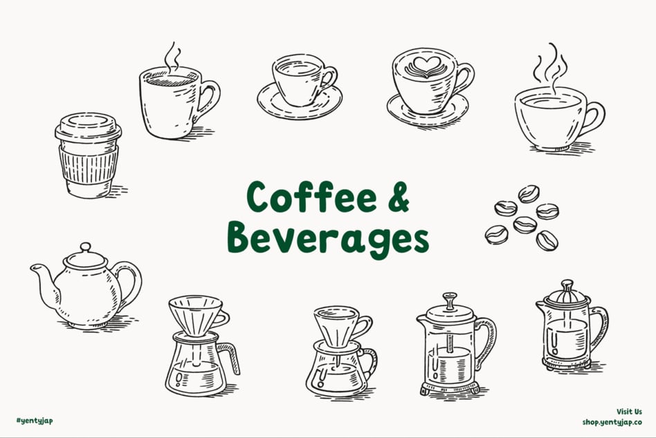Hand-drawn coffee cups, teapots, beans in sketch style with green text overlay