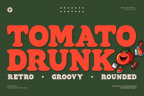 Tomato Drunk retro rounded serif font displayed with laughing fruit character