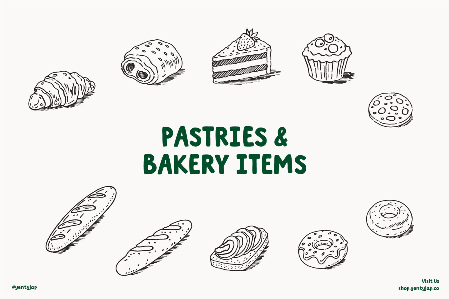 Sketched croissant, donut, layer cake, muffin, bread, pastries collection