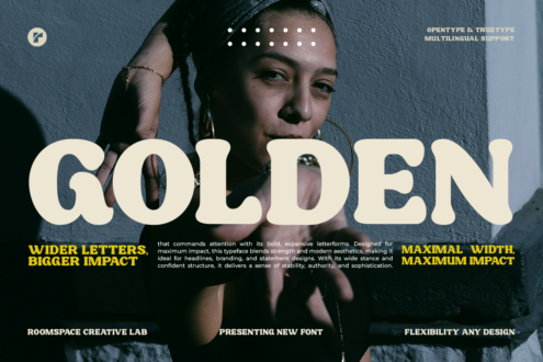 Golden font display with wide bold letters over moody portrait photo, multilingual type sample