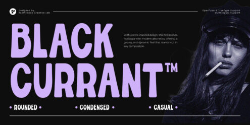Black Currant font in lavender with retro vibes, rounded condensed casual style