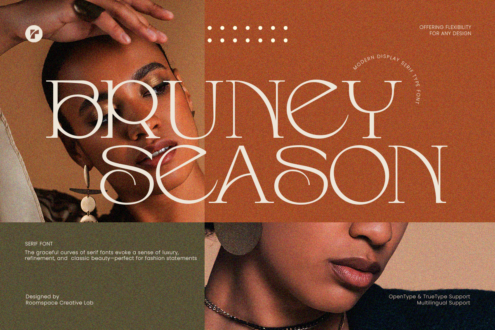 Bruney Season serif font showcase with decorative elements over warm toned portrait