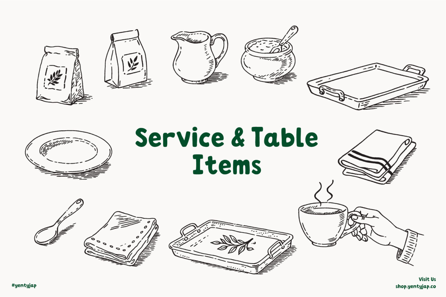 Hand drawn kitchen items like plates, teapot, cups, trays, napkins