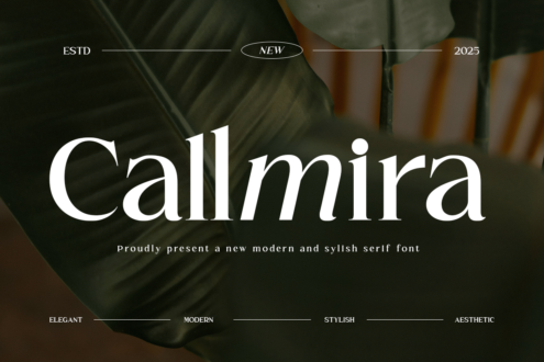Callmira serif font showcase with layered green leaves, elegant modern stylish aesthetic