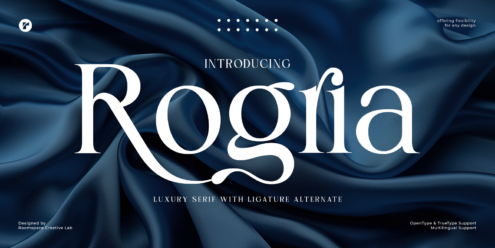 Rogria luxury serif font intro page with flowing blue silk texture background