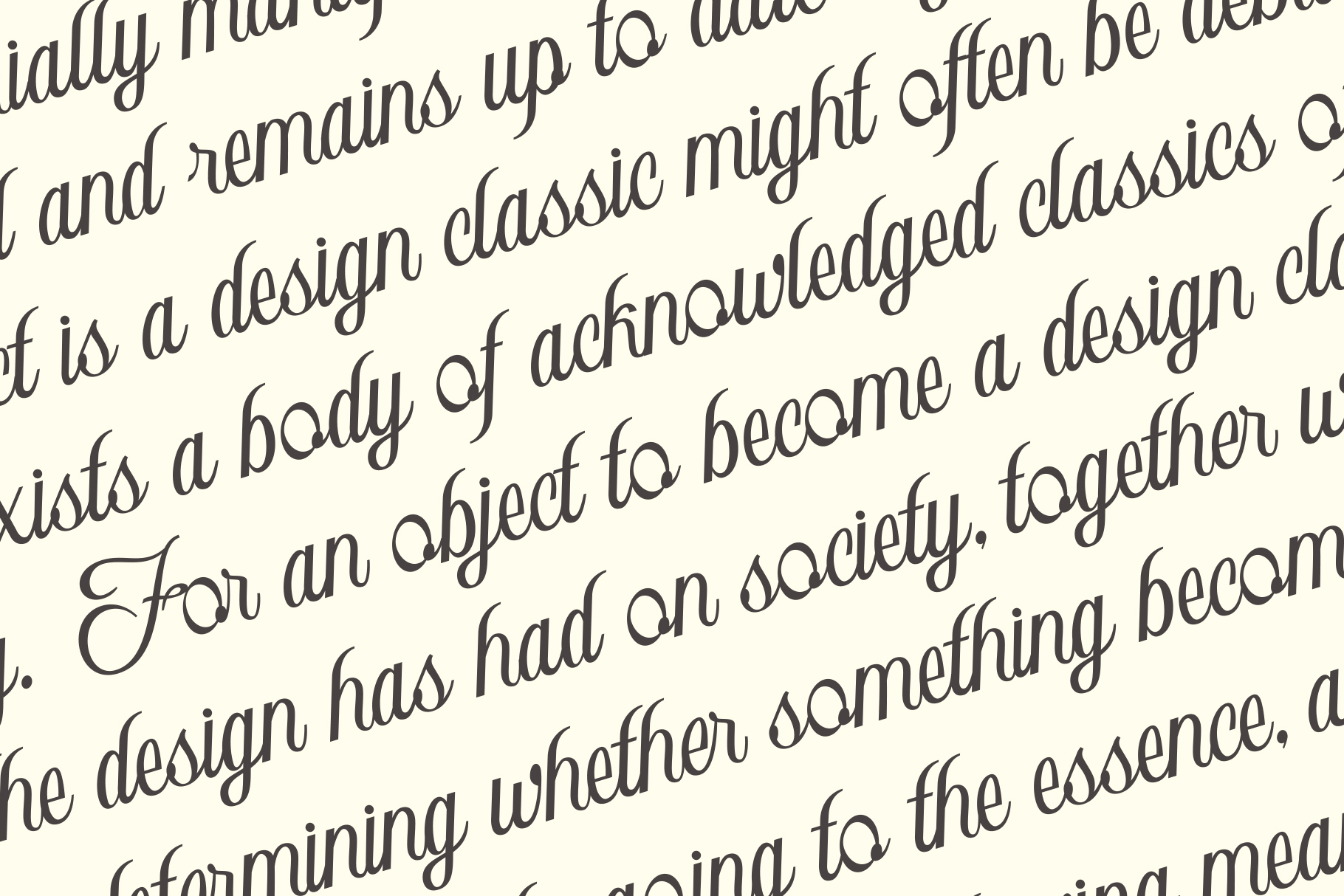 Clamshell script font sample showing flowing letterforms on cream paper