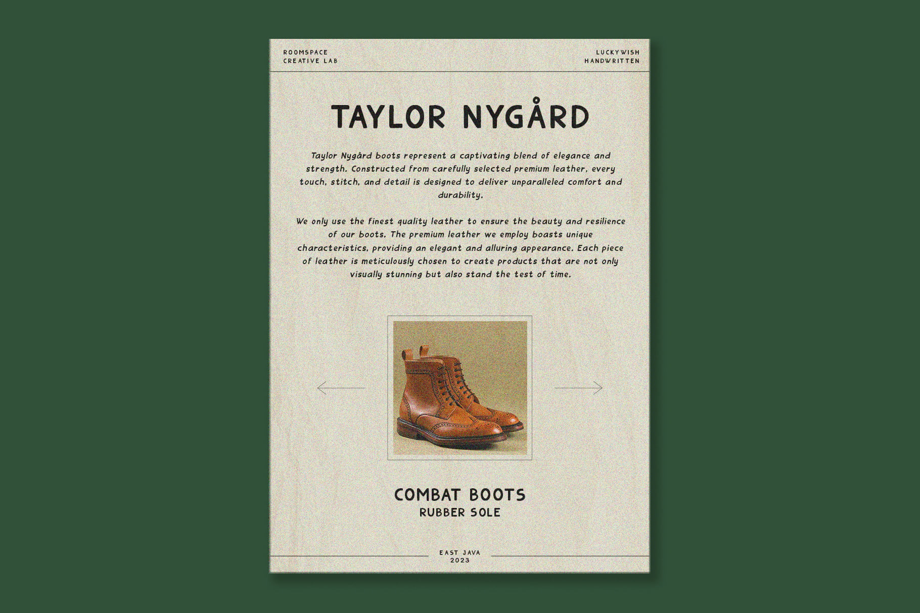 Vintage product sheet for Taylor Nygård combat boots with leather details on cream background with green border
