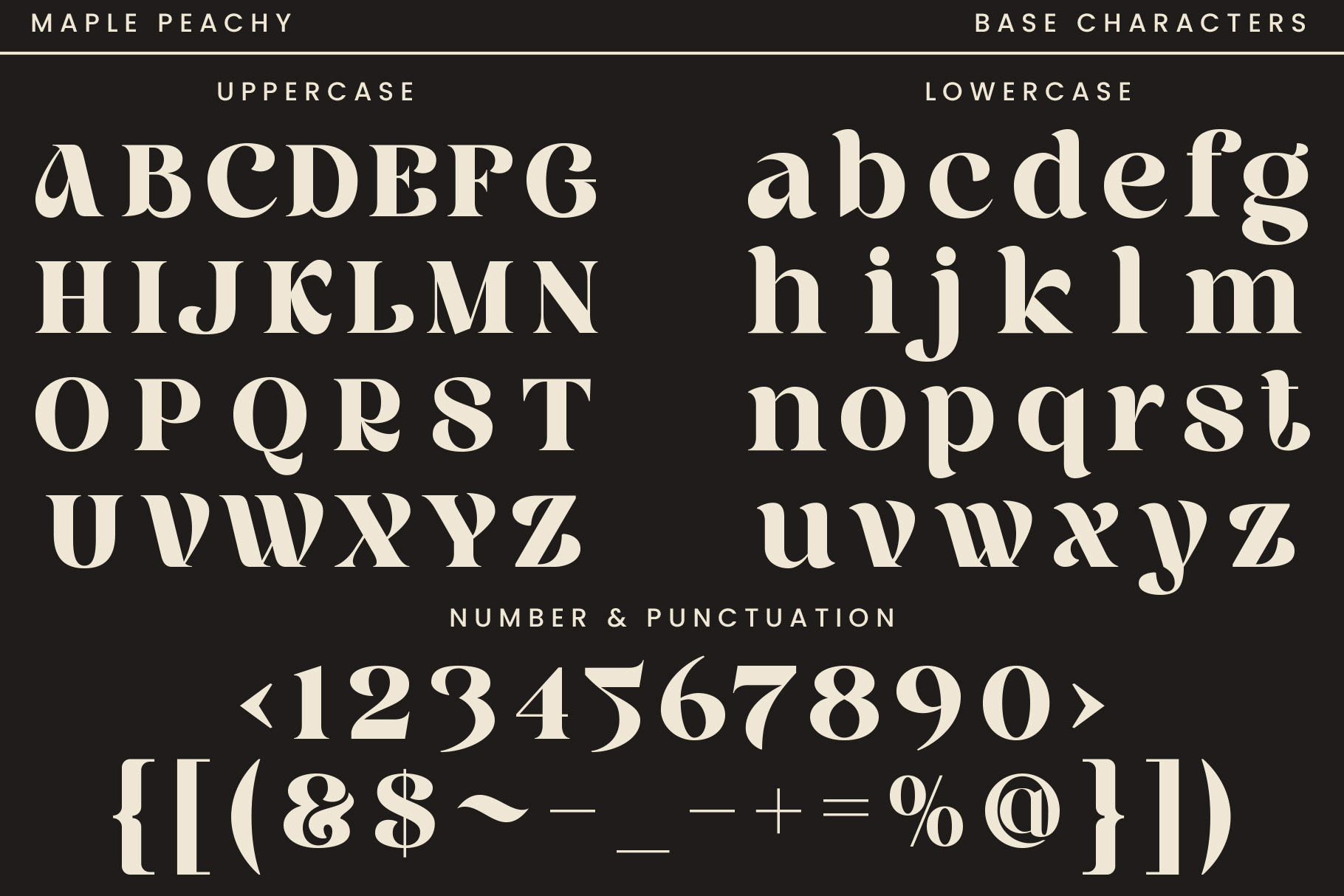 Maple Peachy serif font showing uppercase, lowercase, numbers punctuation