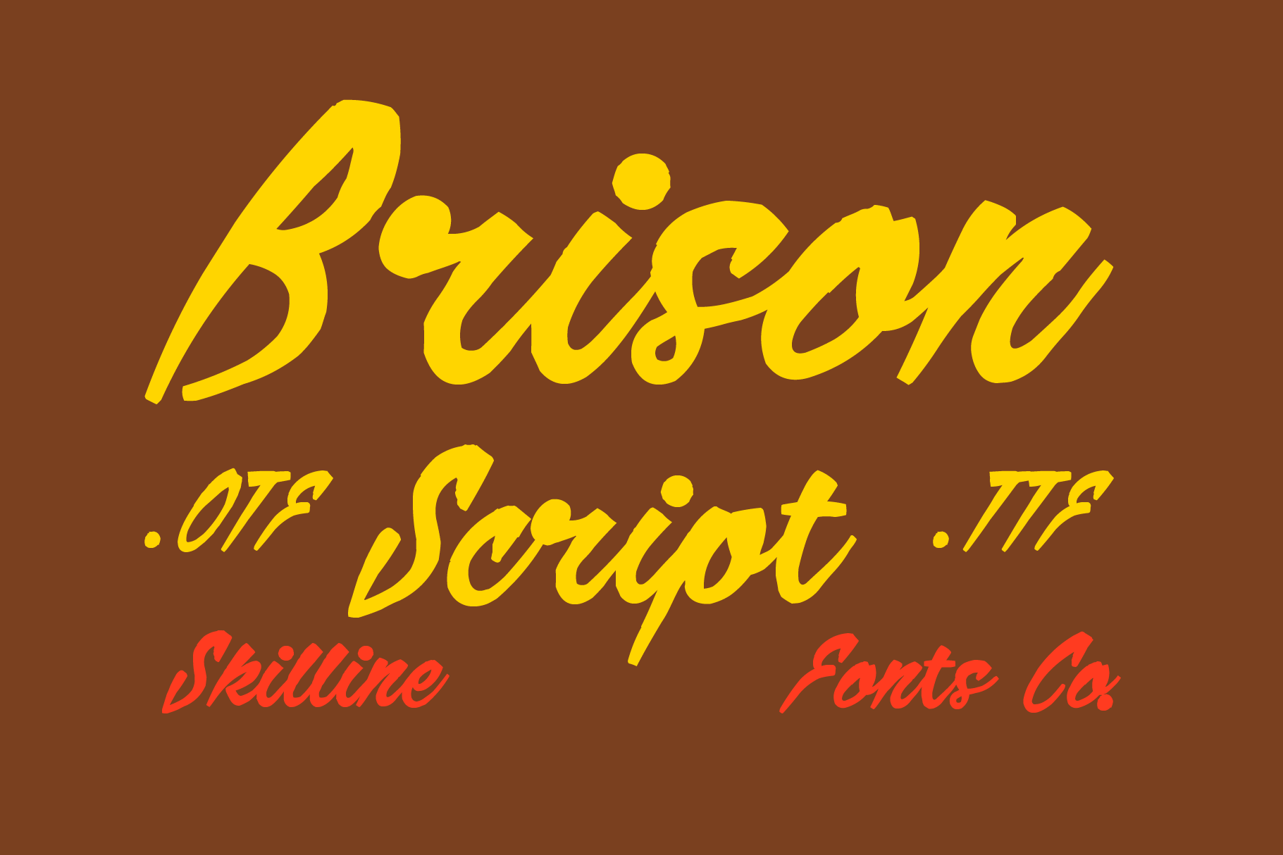 Swisgin Script font in bright yellow with red accents on warm brown background