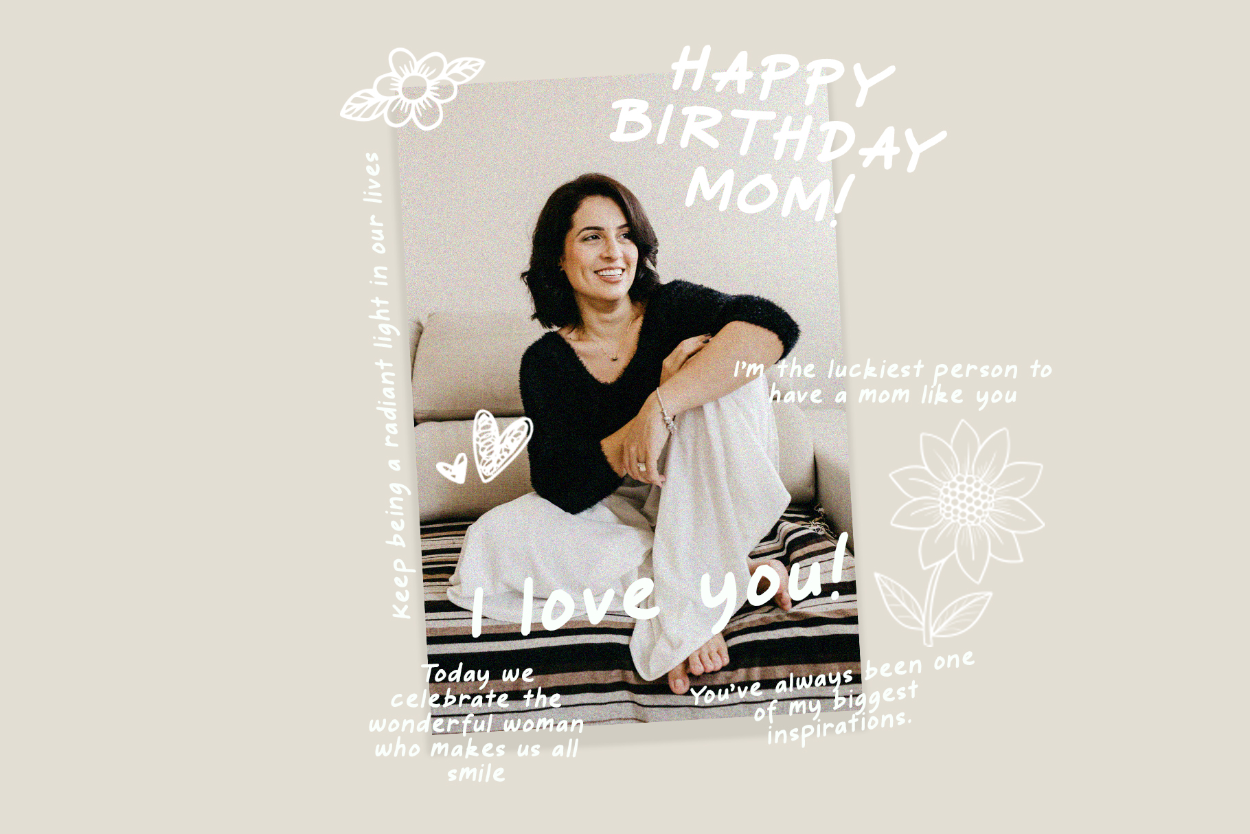 Birthday card mockup with handwritten font overlaid on photo of woman