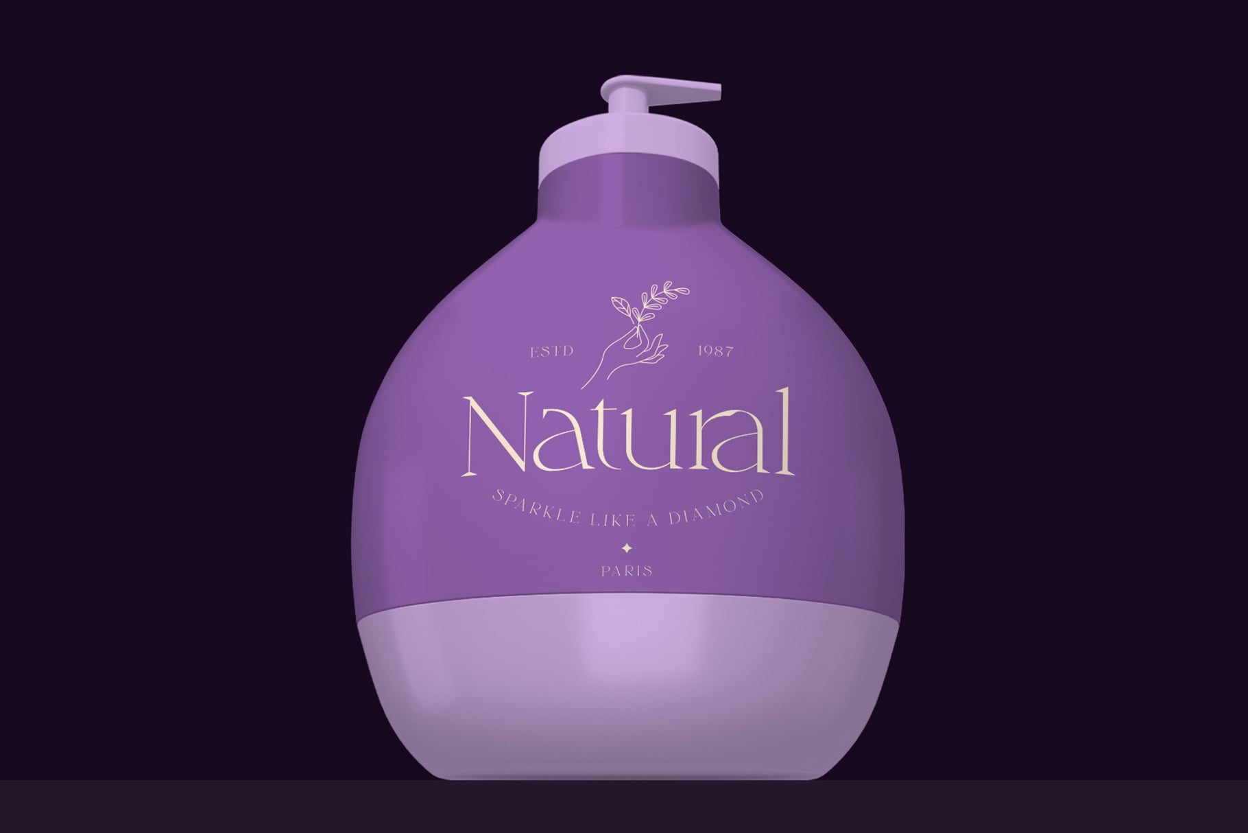 Natural brand purple pump bottle with sparkle diamond tagline on dark purple background