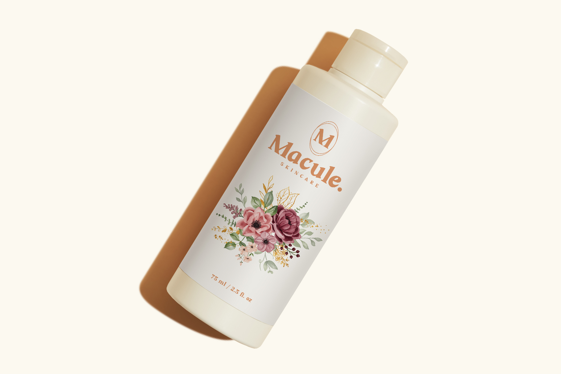 Cream bottle with floral illustration label for Macule skincare product