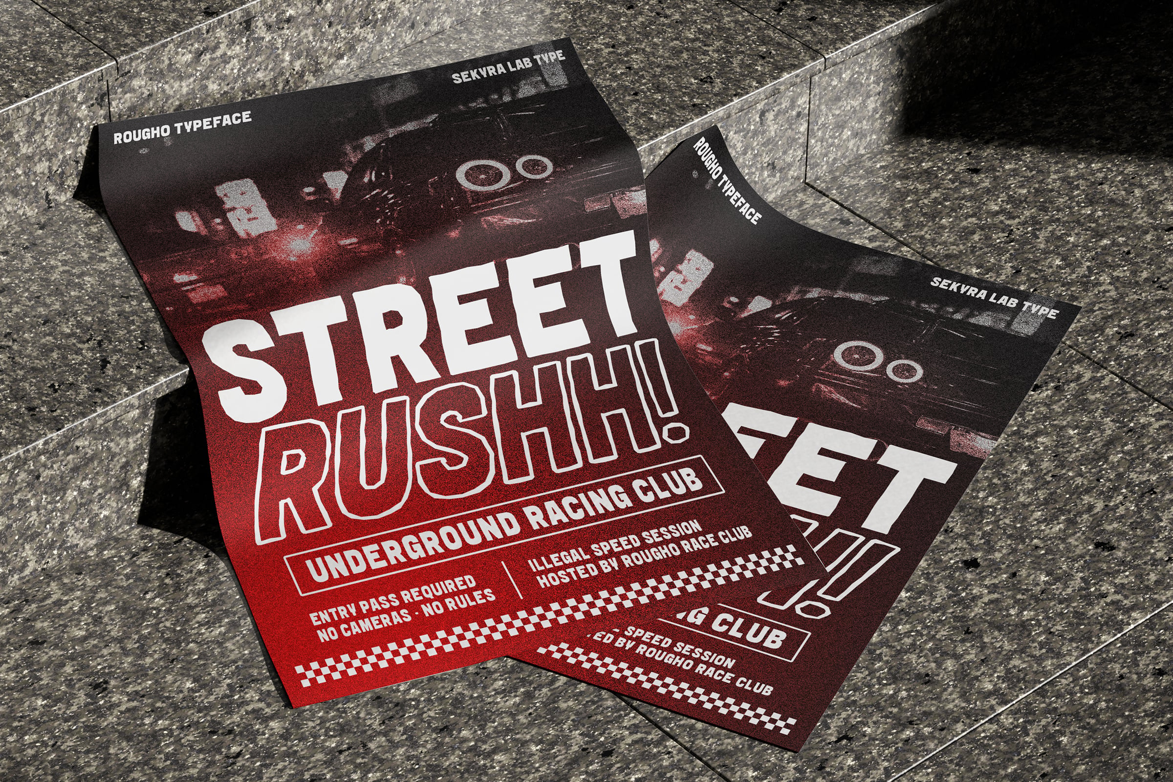 Street racing event flyer mockup on concrete steps featuring bold typography and dynamic design ideal for graphic designers and digital art enthusiasts.