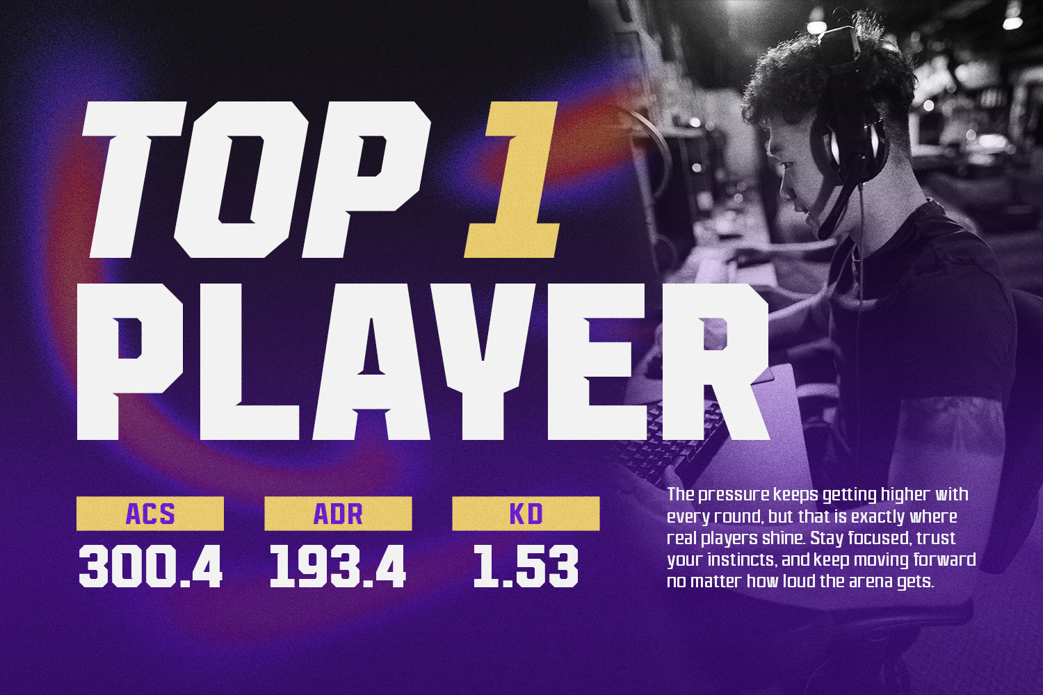 Gaming overlay with Top 1 Player text, esports player in headphones, purple neon glow, stat boxes showing ACS KD ADR metrics