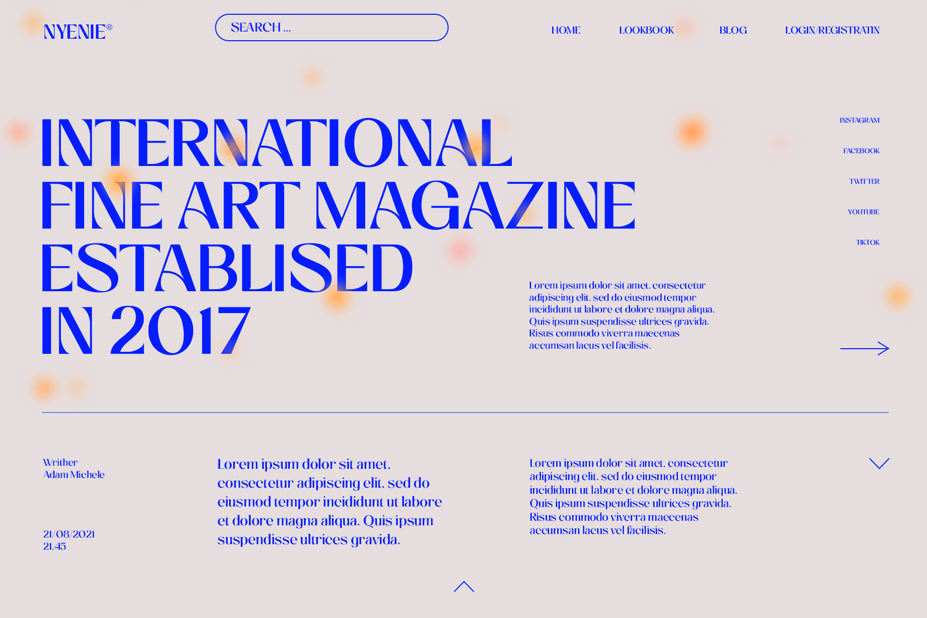 Magazine website mockup with bold blue typography, search bar, navigation menu, social links, Lorem ipsum text blocks on beige background