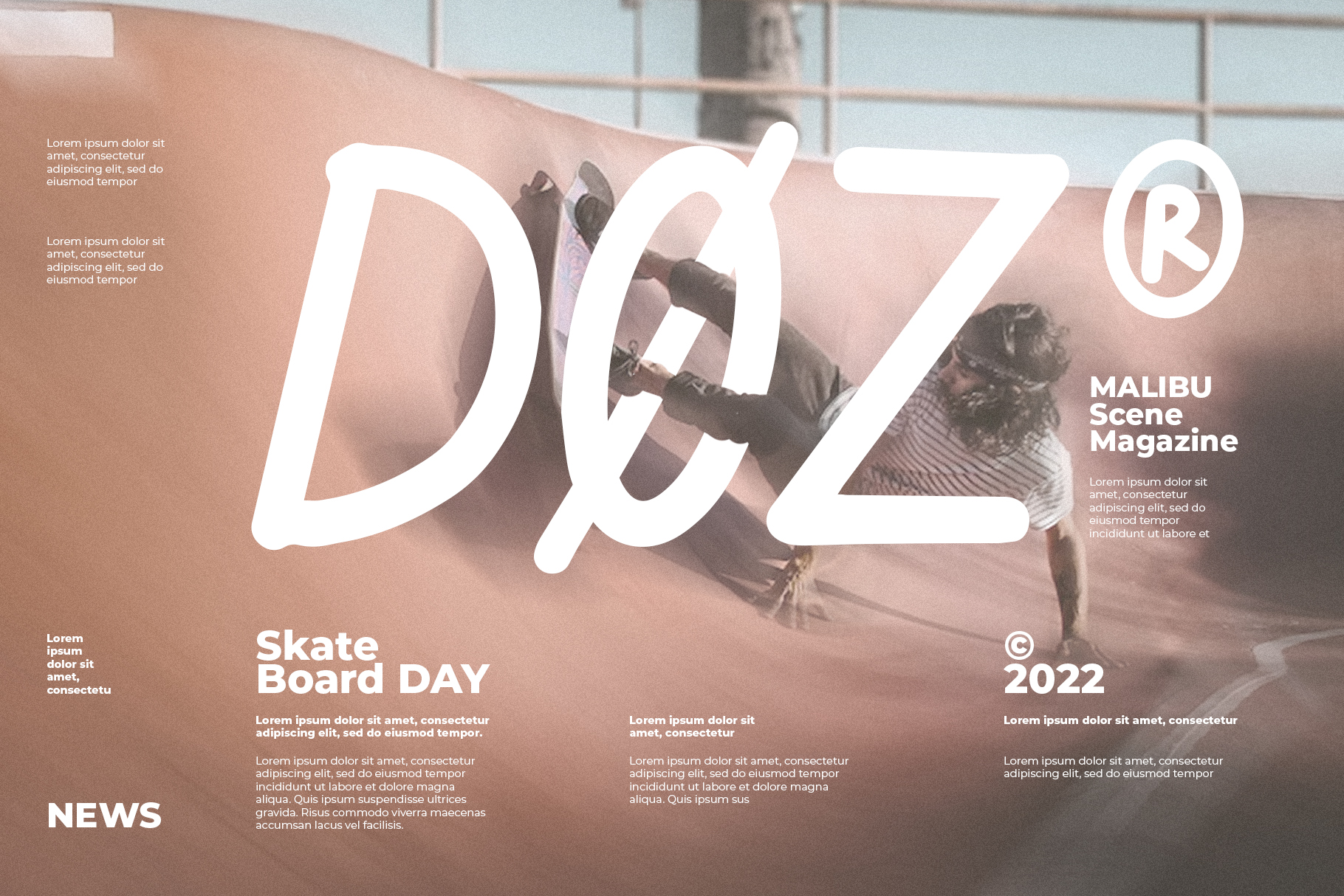 Magazine cover mockup with skateboarder, bold typography, pastel aesthetic