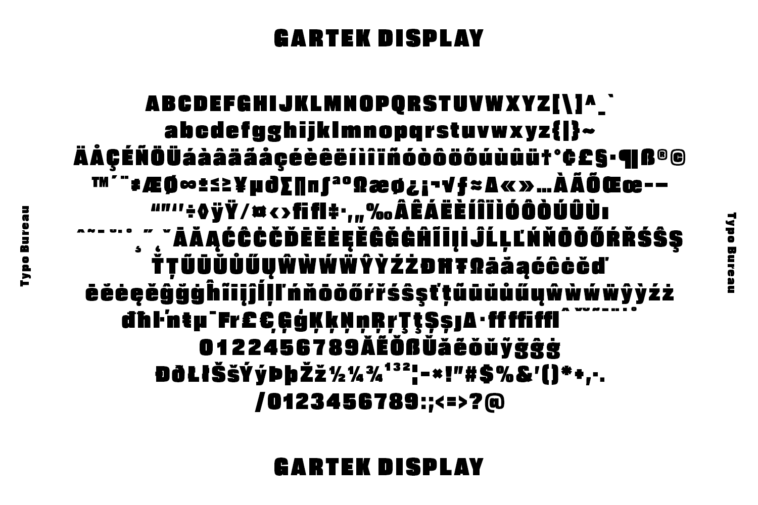 Gartek Display font showing uppercase, lowercase, numbers, symbols with international characters on white background