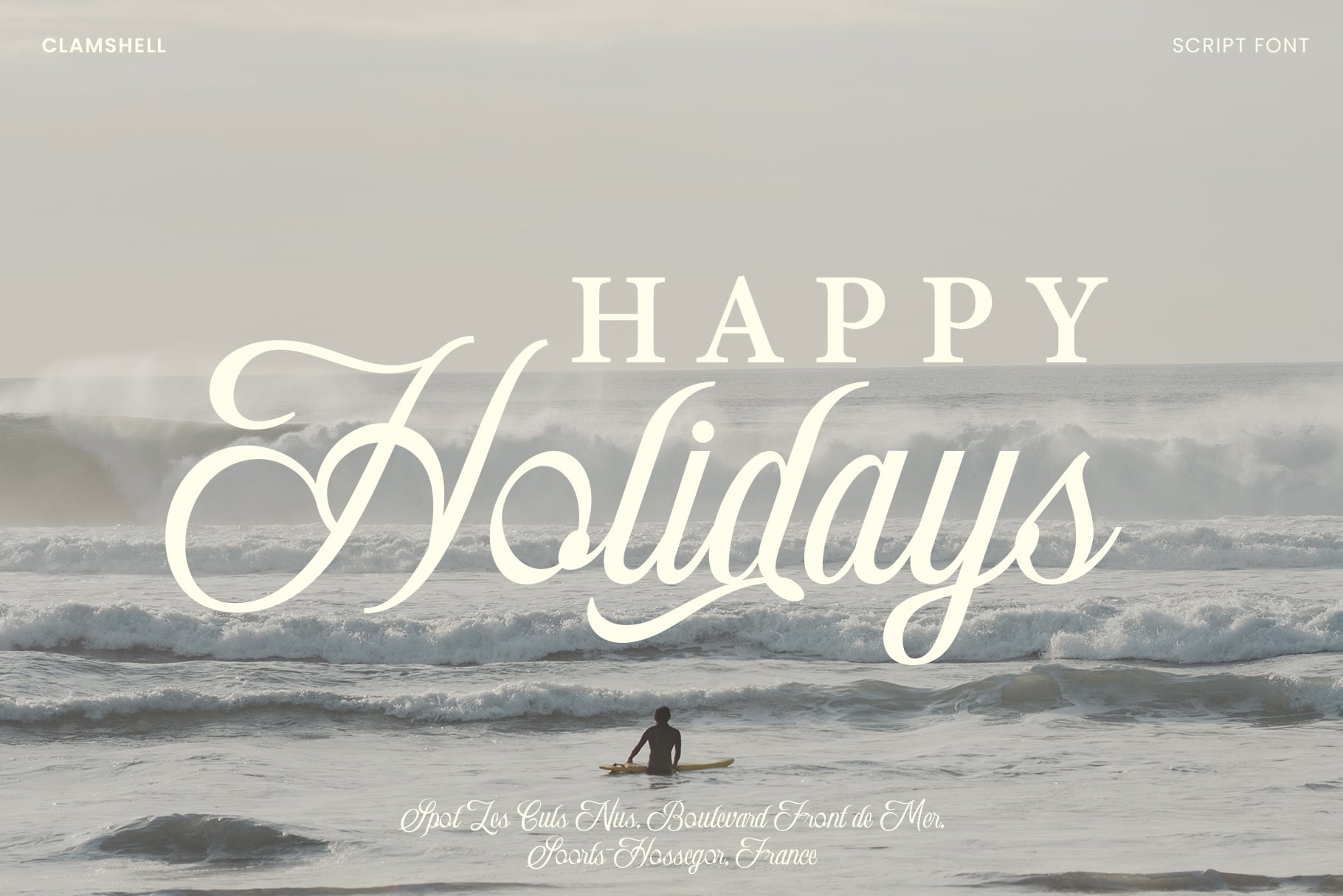 Happy Holidays text in elegant script overlaid on surfer with ocean waves