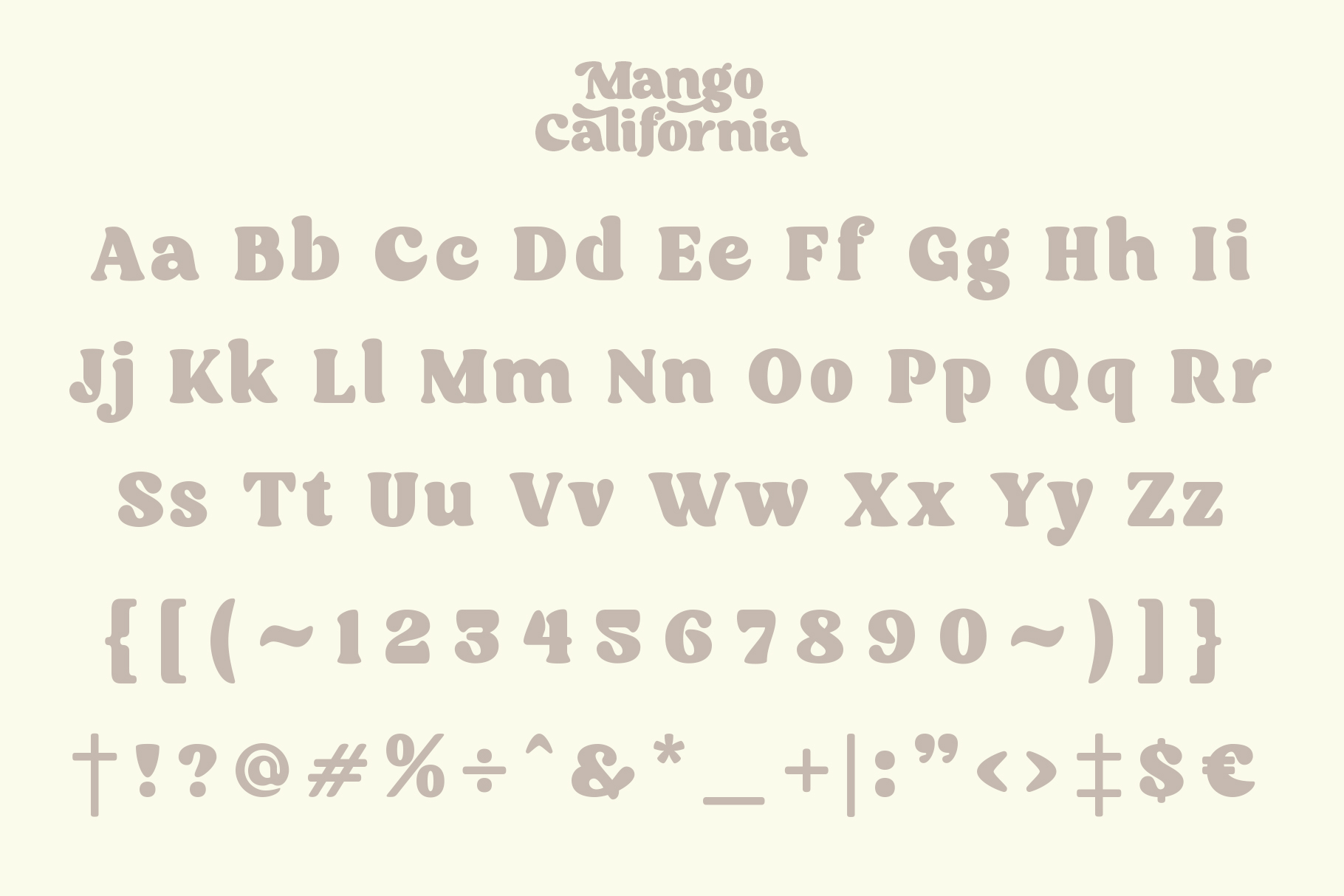 Mango California font family displaying full alphabet, numbers, symbols