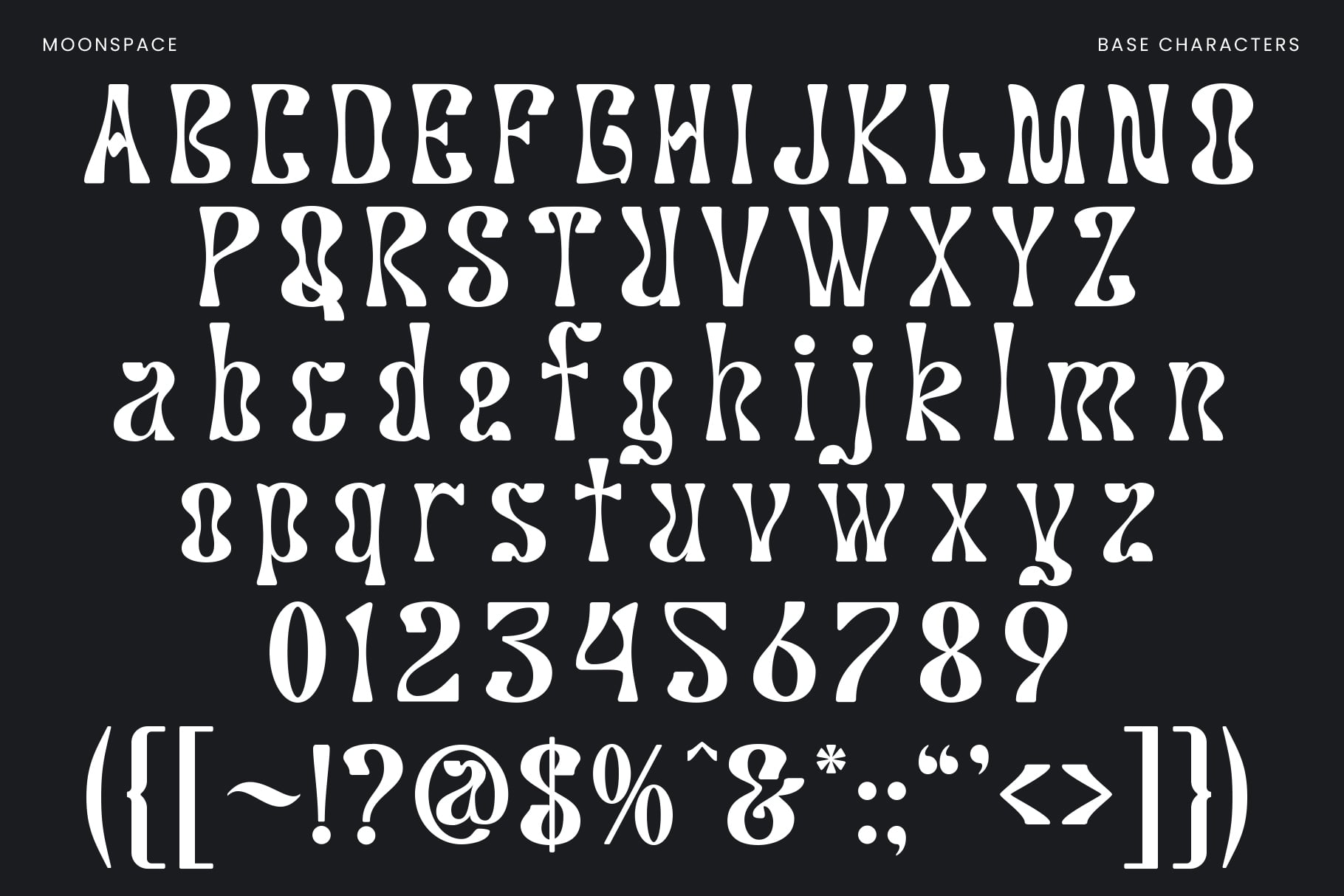 Moonspace font alphabet, numbers, symbols displayed on dark background