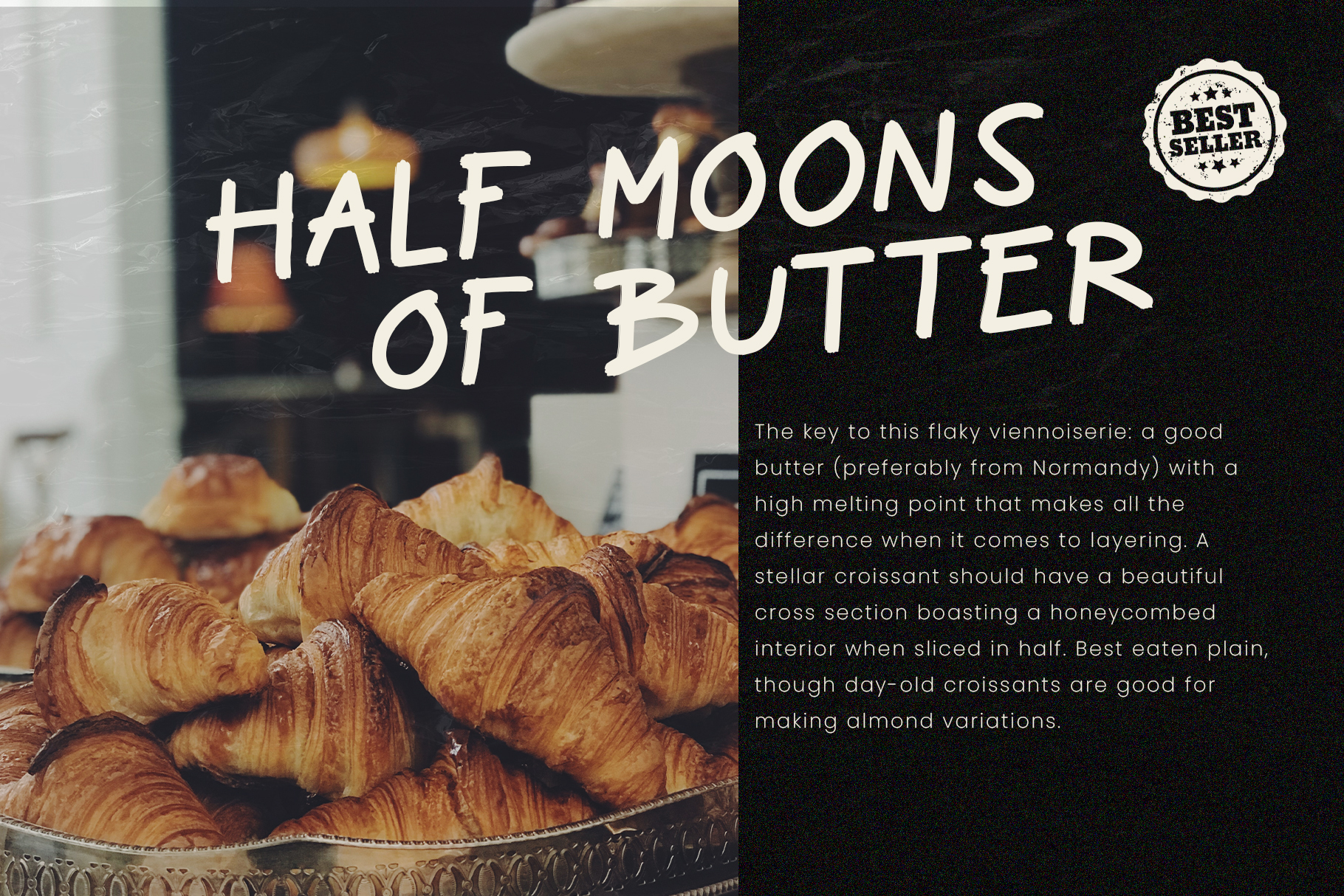 Stack of golden croissants with best seller badge, blurred café background