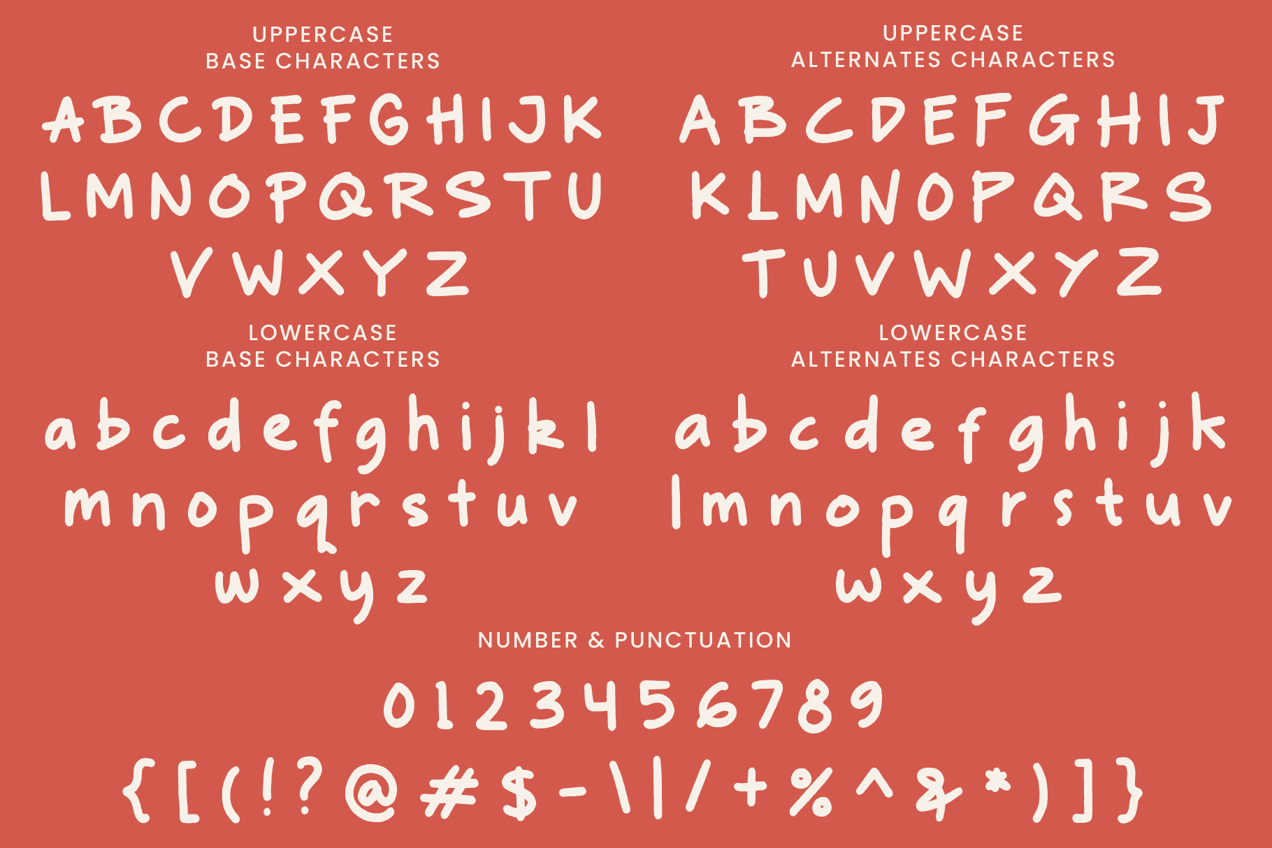 Character set showing uppercase, lowercase, numbers, punctuation in coral red