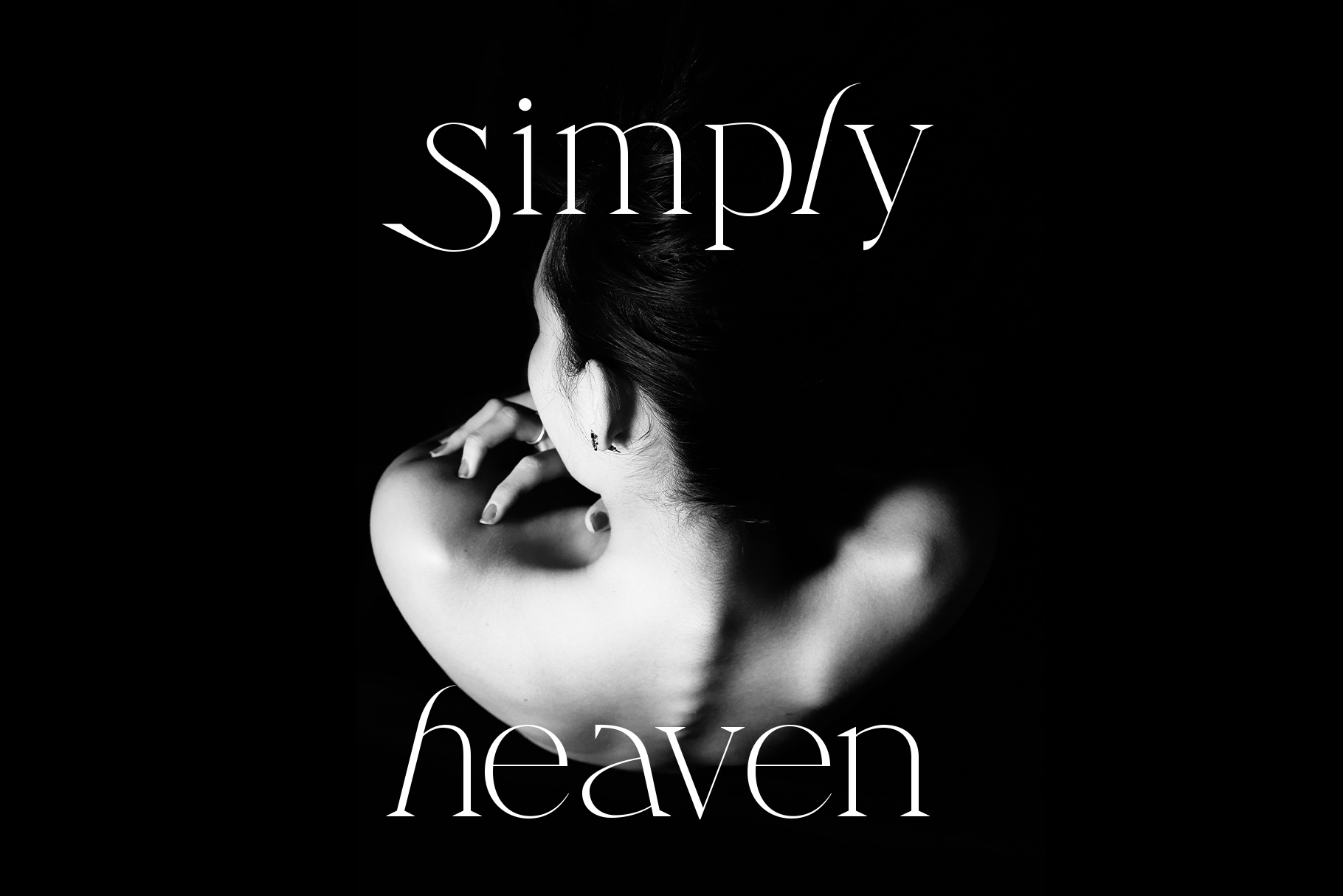 Simply Heaven book cover showing back of person's head in black white photography on dark background