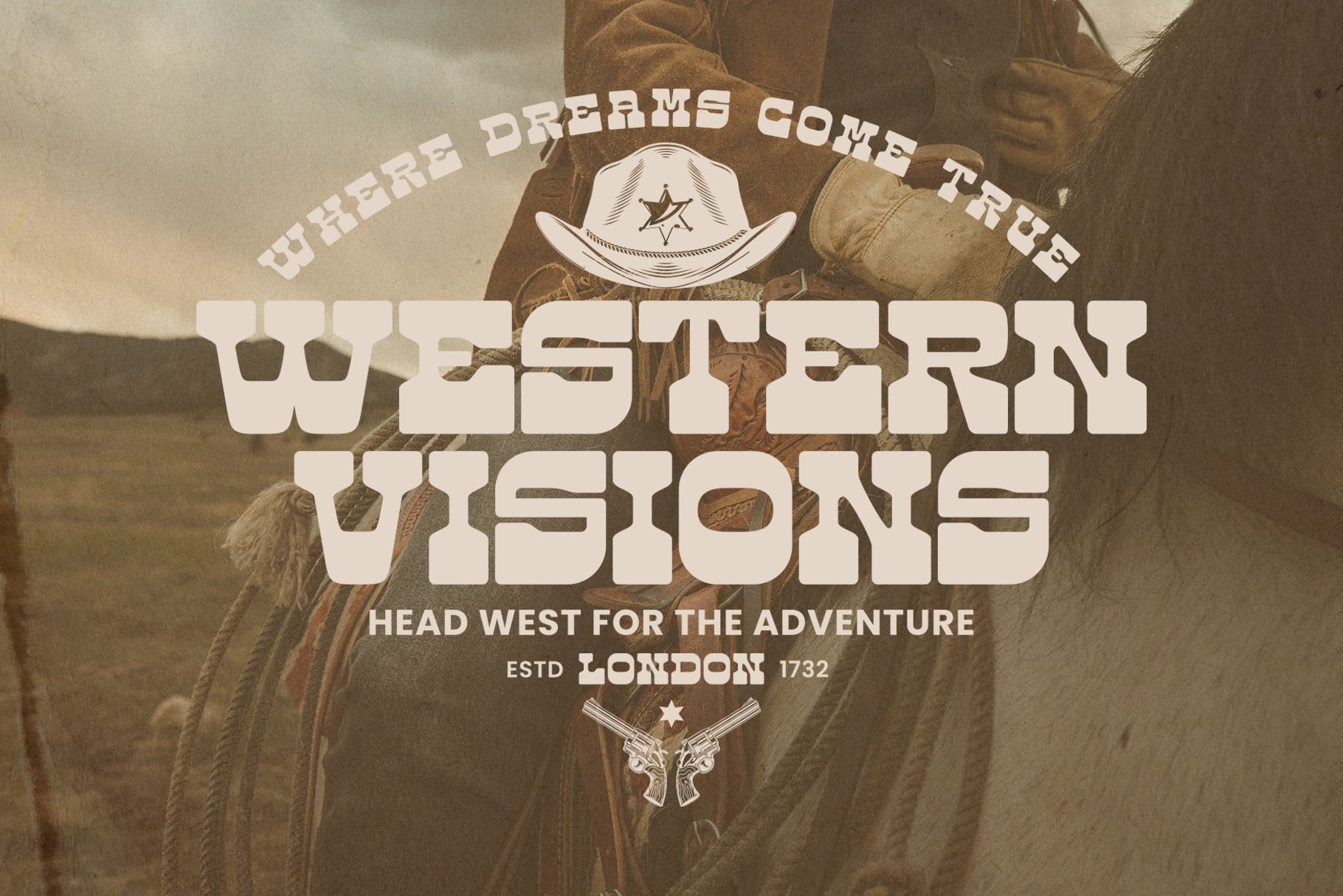 Western visions poster with cowboy hat, vintage typography on desert backdrop