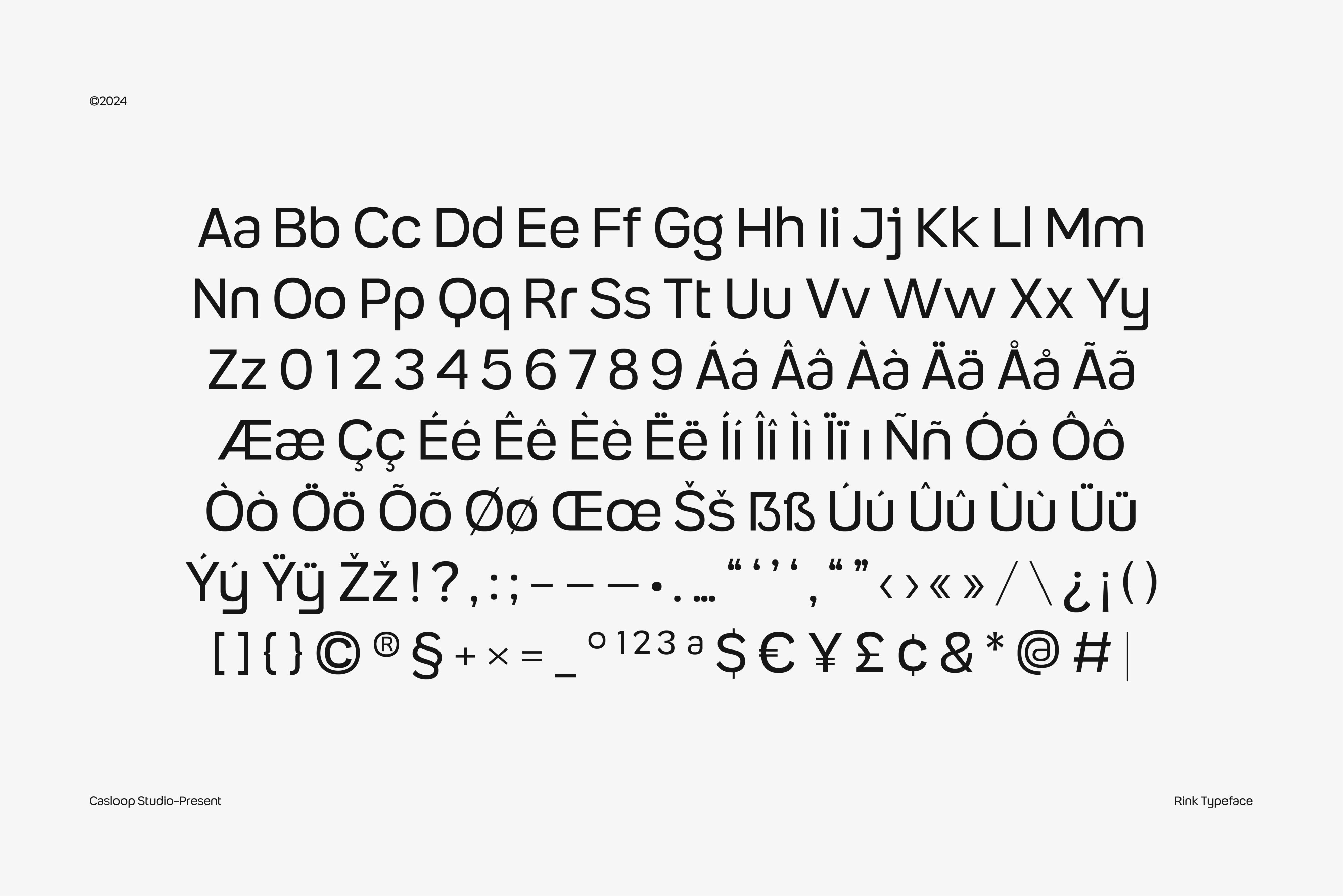 Rink Typeface character set displaying full alphabet, numerals, accents, ligatures on white background