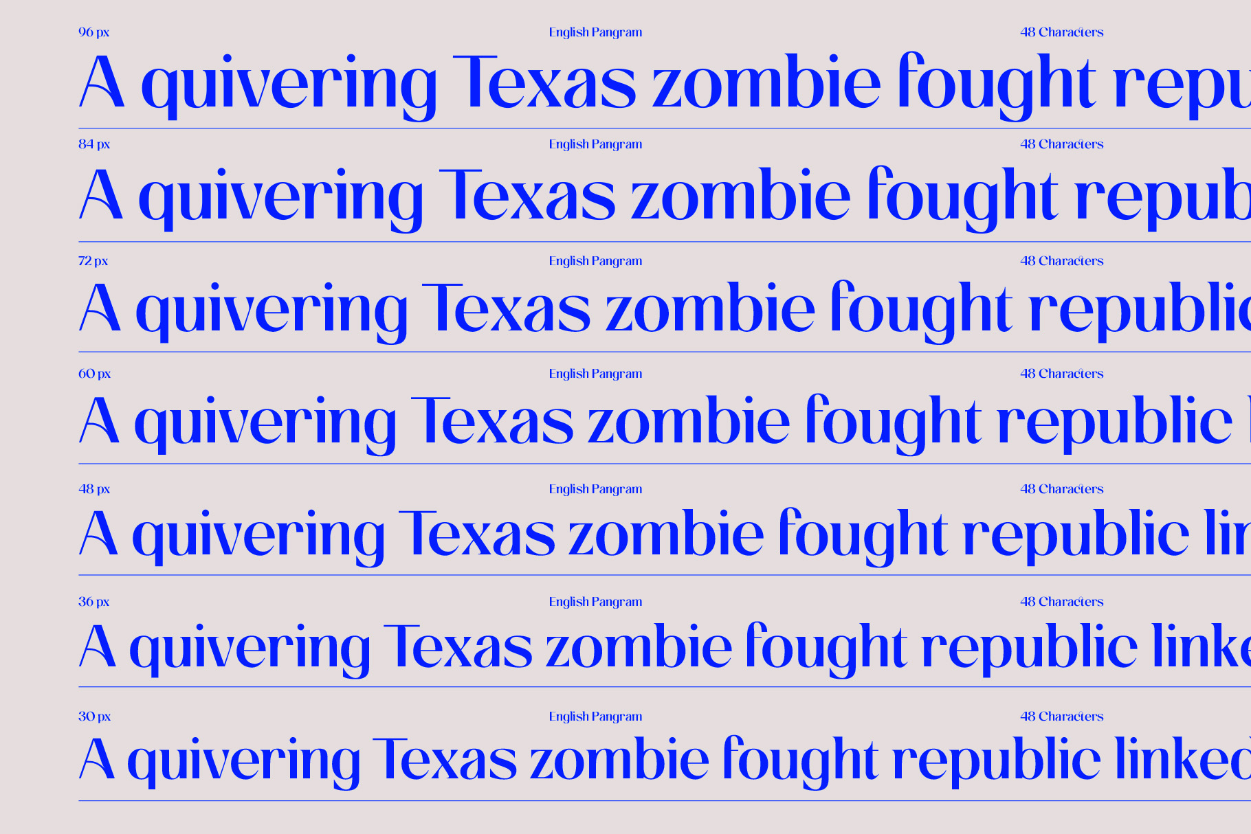 English Pangram font displayed at multiple sizes from 96px down to 30px