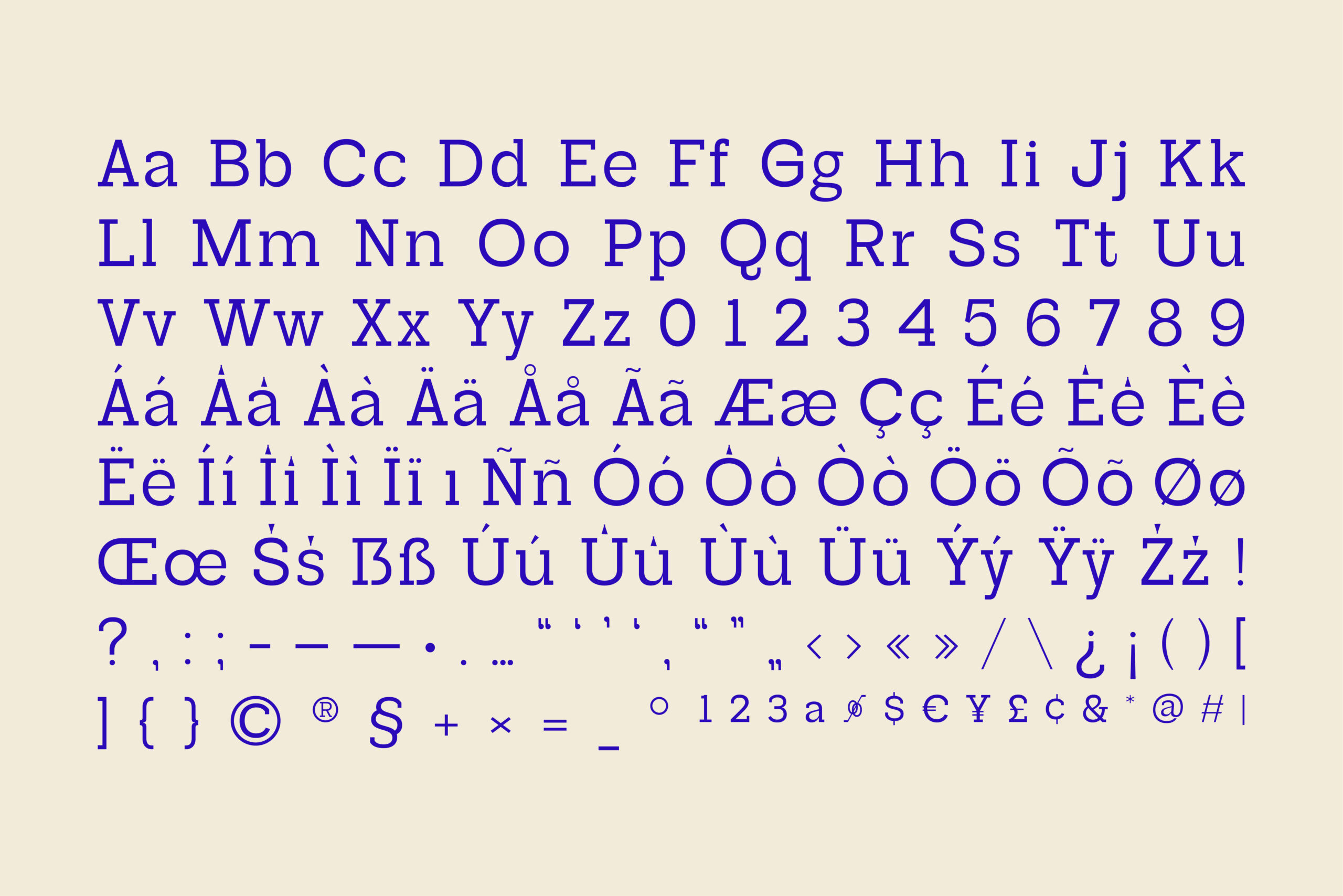 Blue serif typeface specimen showing full character set with accents, numbers, punctuation on cream background