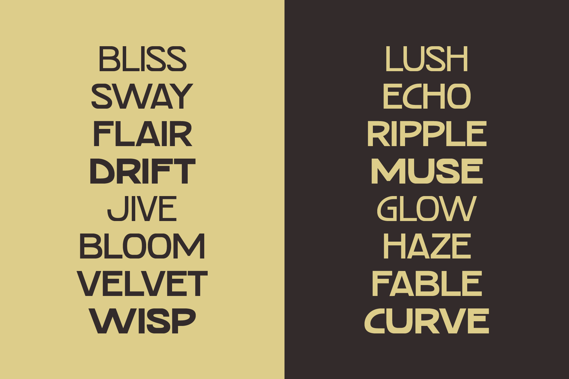 Split design showing font names in contrasting yellow plus dark backgrounds