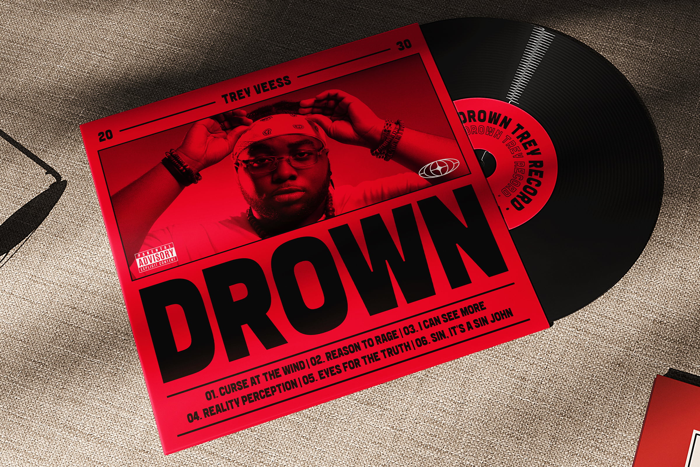 Vinyl mockup featuring a vibrant red album cover with bold black text and an artist photo. Ideal for designers. Keywords: vinyl, mockup, album cover.