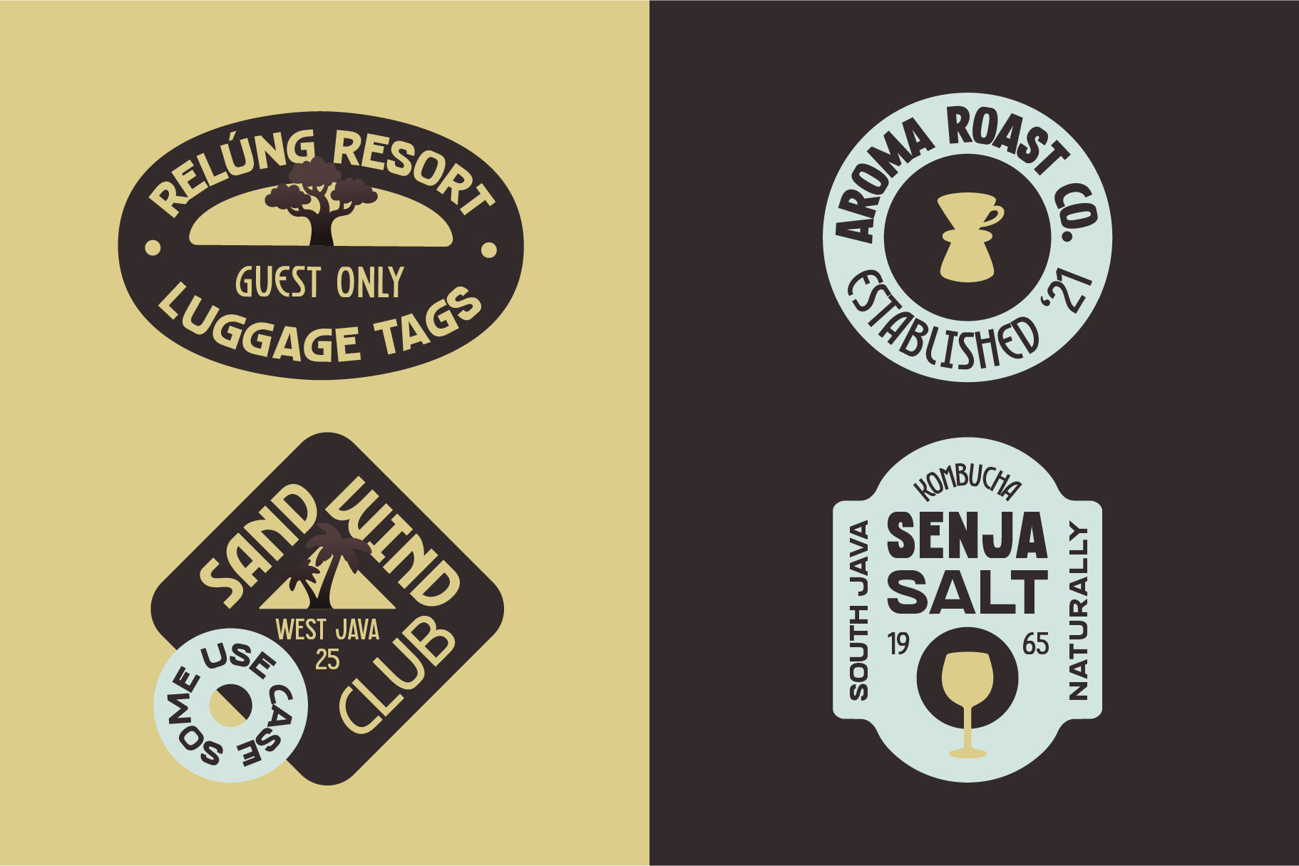 Four vintage-style badge logos split yellow brown featuring resort, roast, club