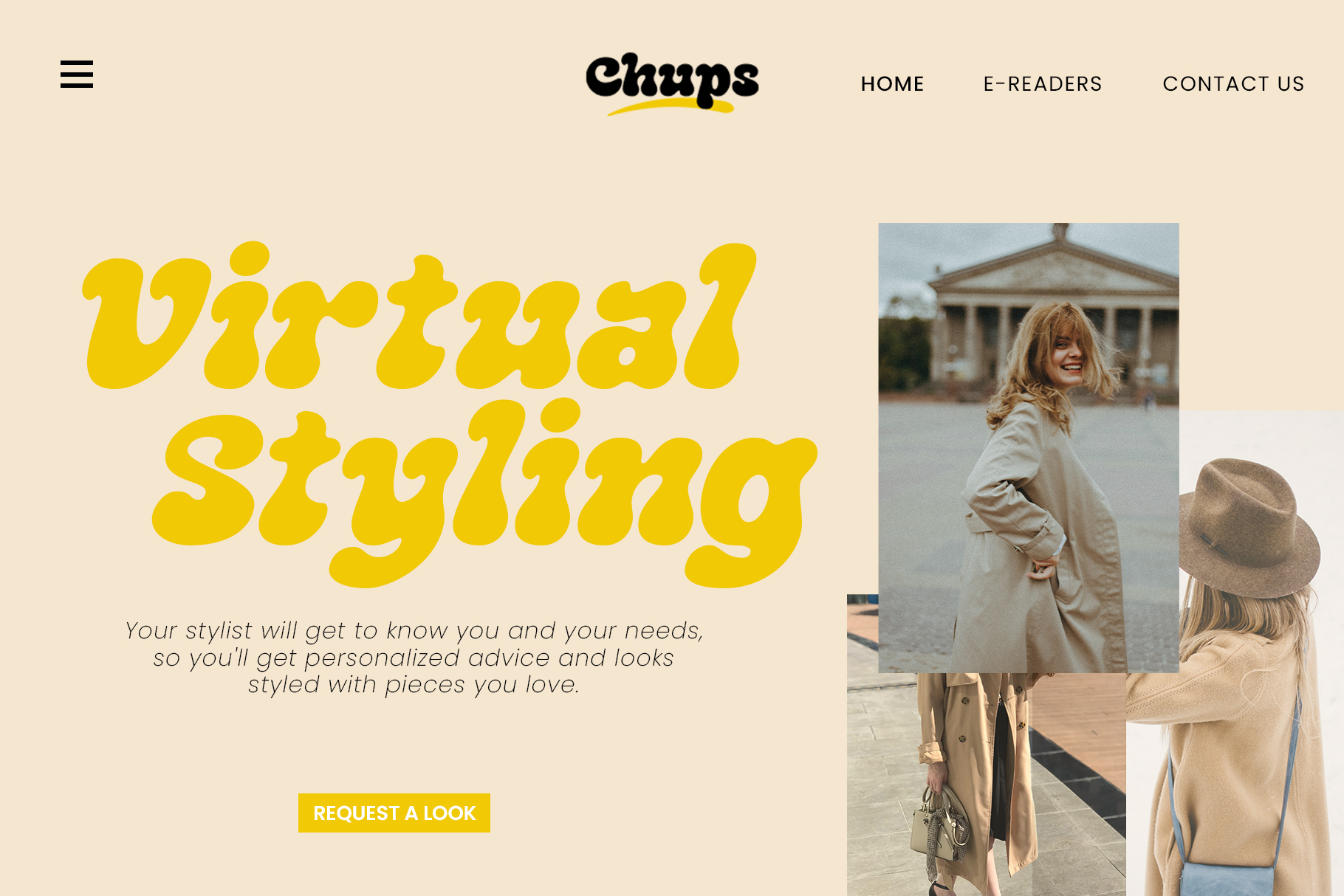 Chups website showing Virtual Styling section with photos of women in neutral outfits