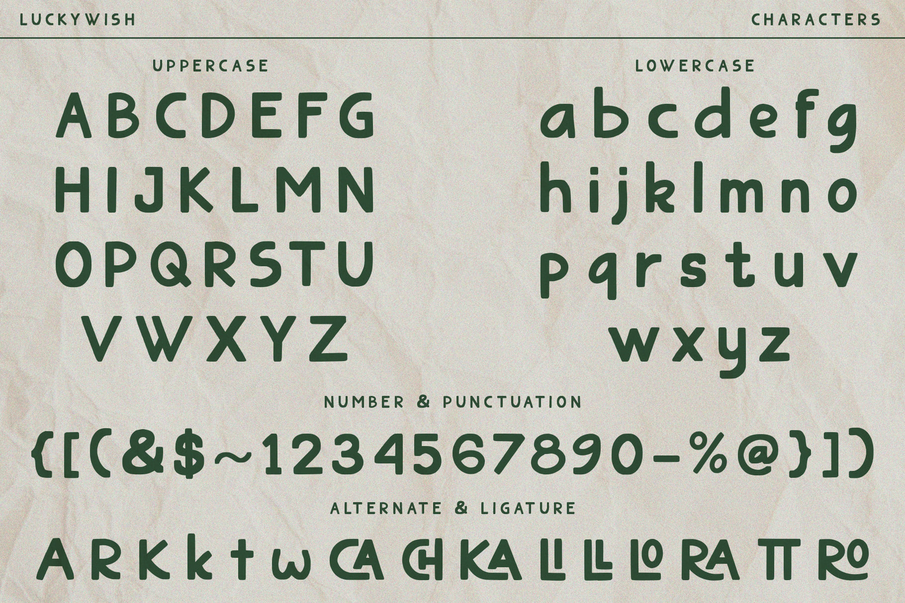 Luckywish font character set showing uppercase lowercase numbers alternates on textured paper