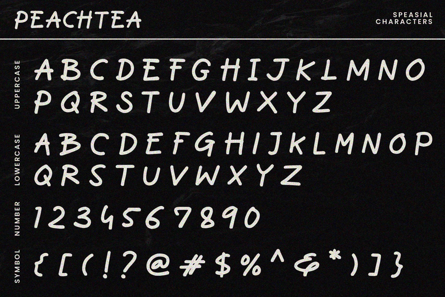 Peachtea font showing uppercase, lowercase, numbers, symbols on dark background