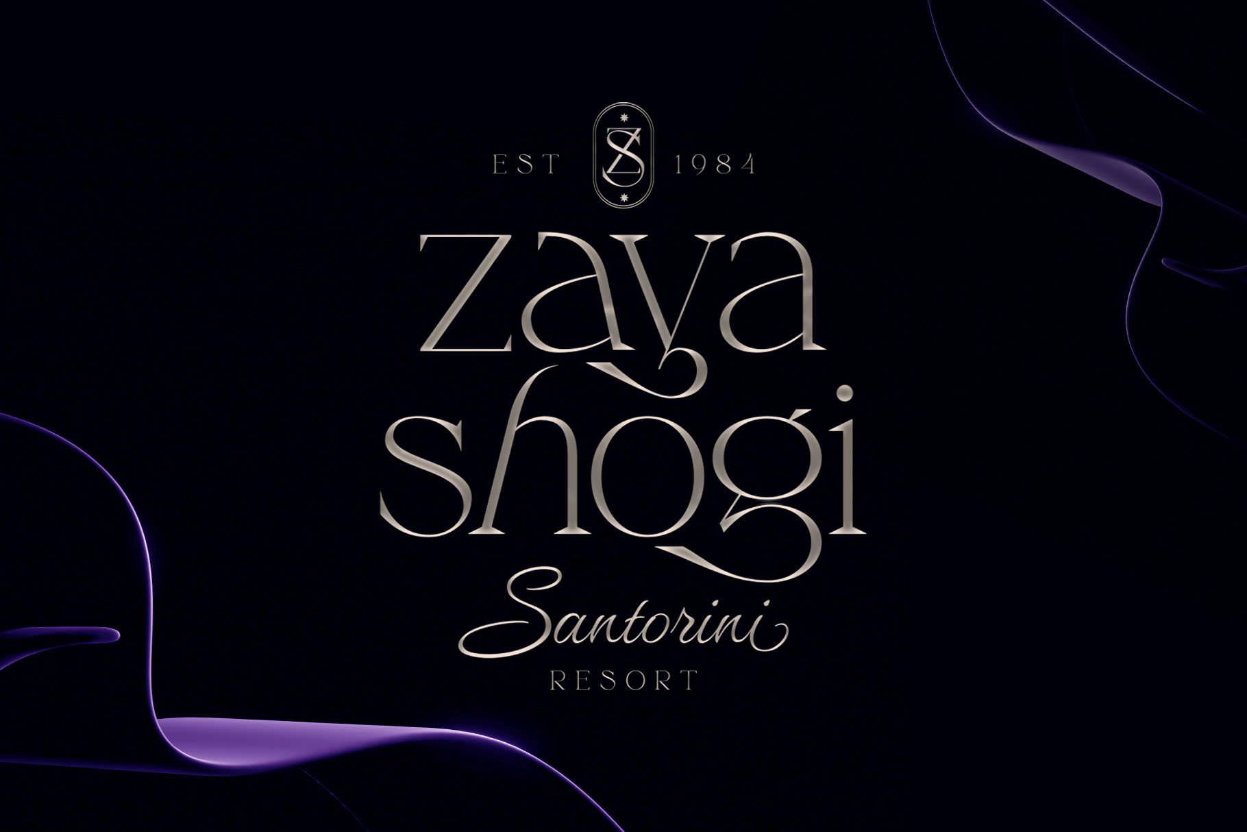 Zaya Shogi Santorini Resort logo with Est 1984, ornamental monogram on dark background with purple accents
