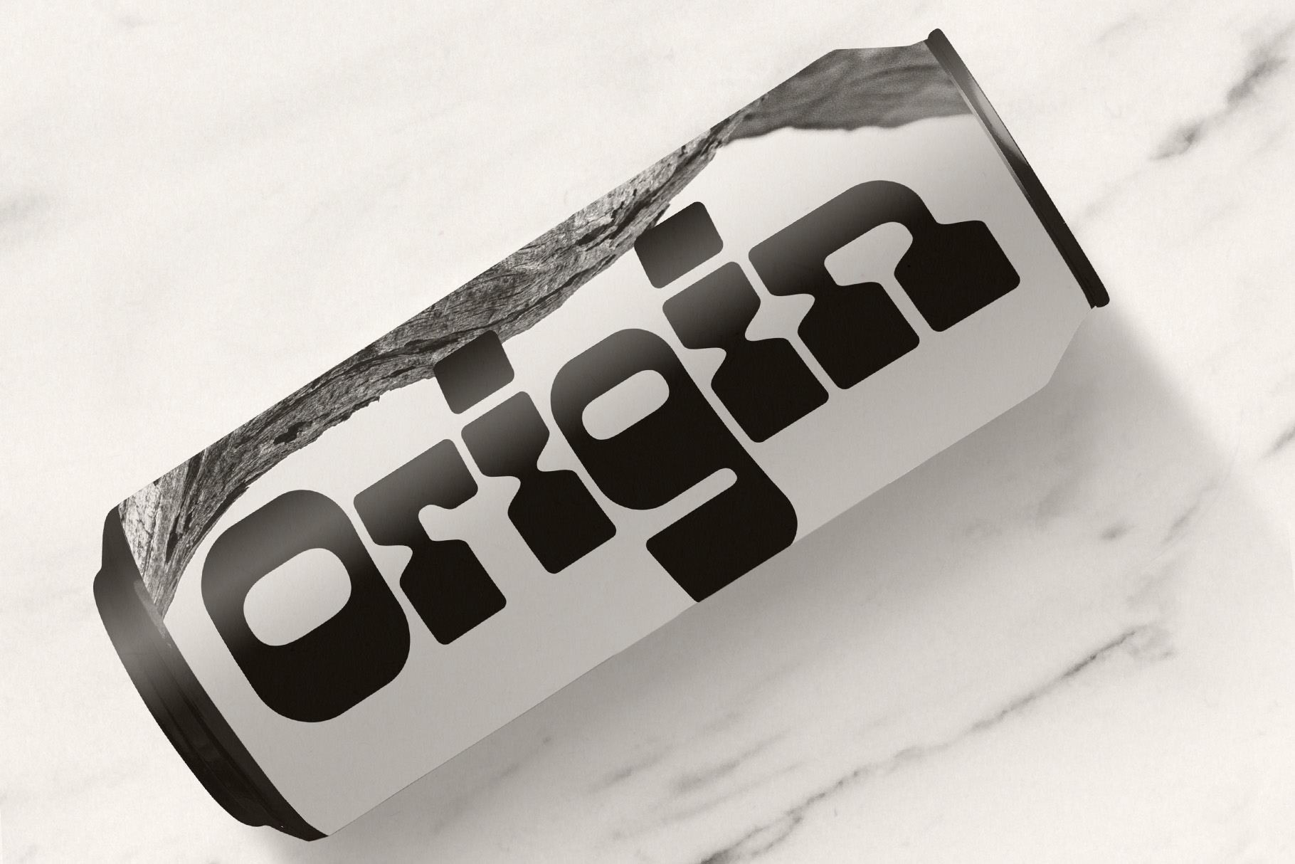 Cylindrical tin can with black geometric logo mockup on marble background