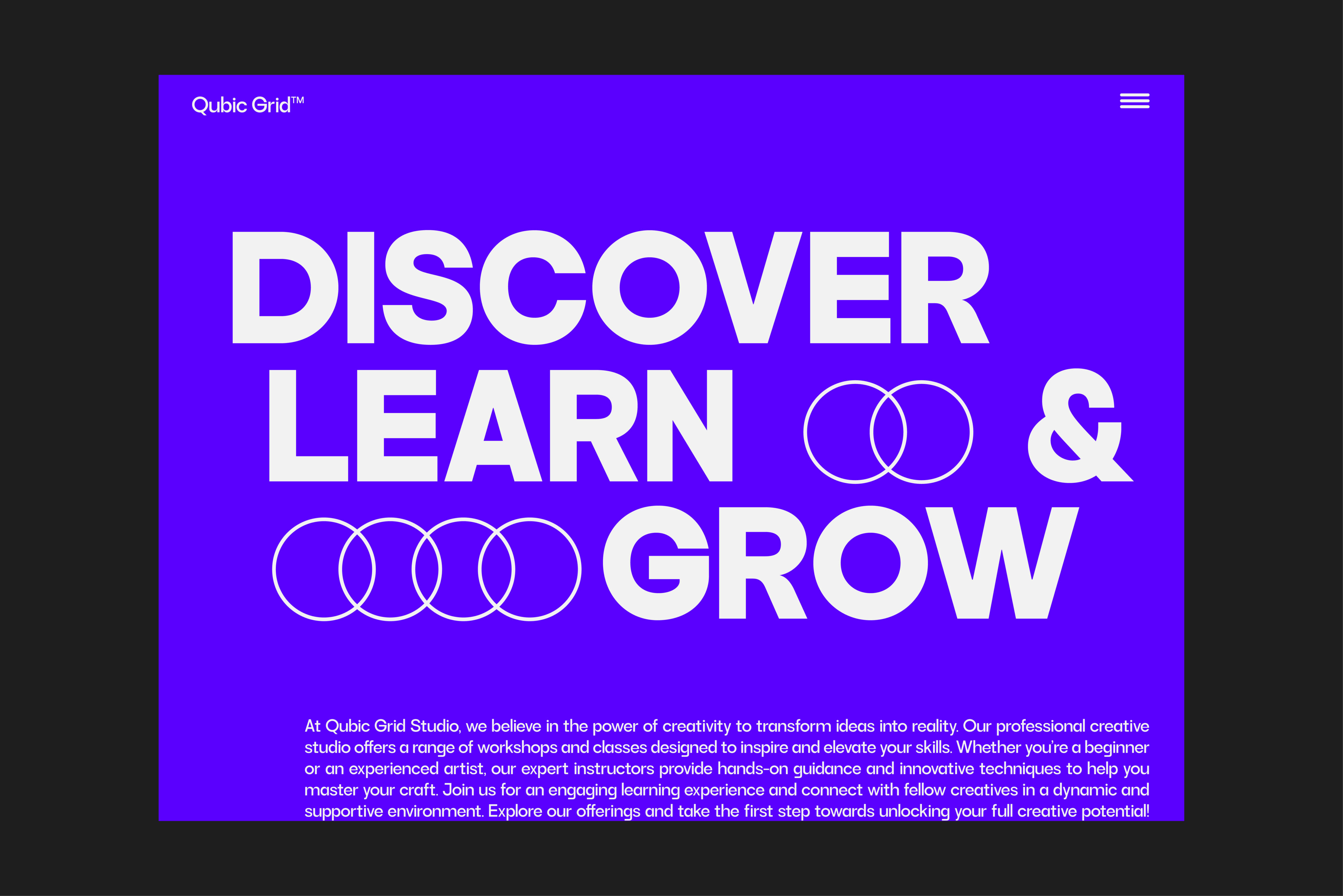 Purple website hero with Discover Learn Grow text overlay circles