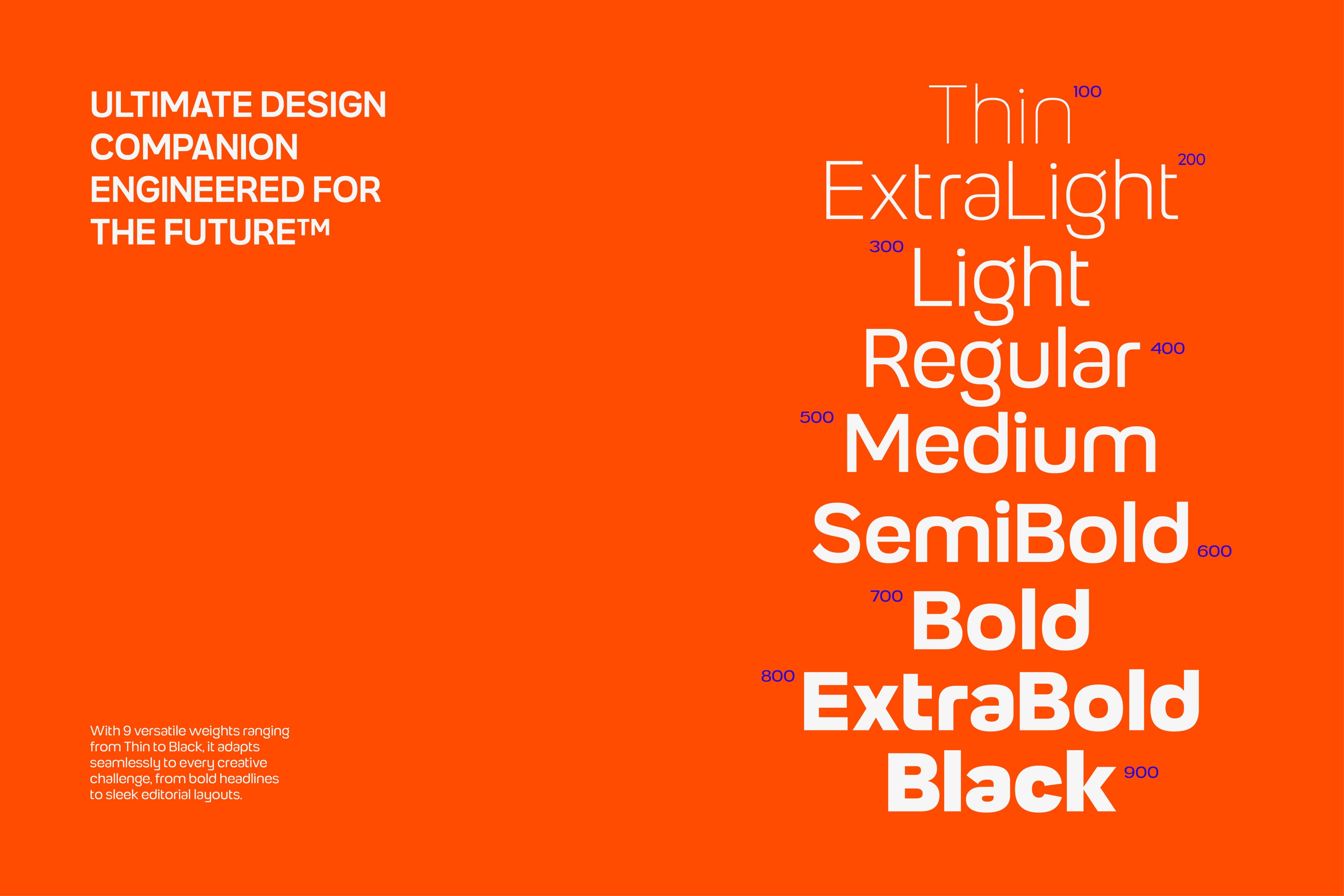 Orange specimen sheet showcasing font weights from thin to extra bold
